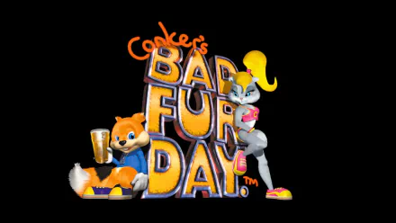 HD desktop wallpaper featuring characters and logo from the video game Conker's Bad Fur Day on a black background.