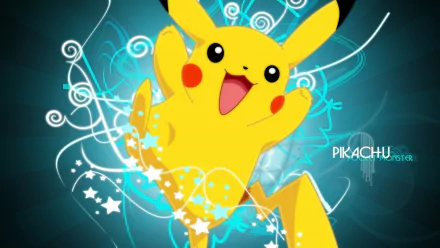 An HD desktop wallpaper featuring Pikachu from Pokémon Yellow: Special Pikachu Edition, with dynamic, colorful swirls and stars in the background.