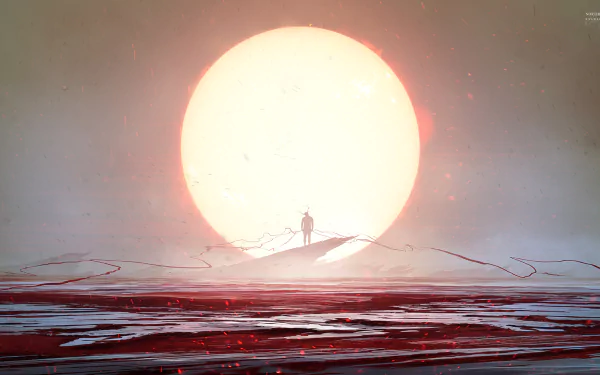 Sci-fi HD desktop wallpaper featuring a lone figure standing on a barren landscape with a massive glowing sun dominating the horizon.