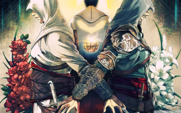 HD PC desktop wallpaper from the video game Assassin's Creed: Revelations — three hooded assassins back-to-back with crossed blades, red and white flowers and a glowing emblem behind them.