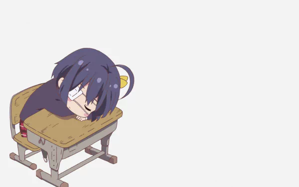 Rikka Takanashi from Love, Chunibyo & Other Delusions rests playfully on a classroom desk, capturing a whimsical moment from the anime in this HD desktop wallpaper.