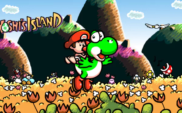 HD PC desktop wallpaper featuring colorful artwork from the video game Super Mario World 2: Yoshi's Island showing Yoshi carrying Baby Mario through a flower-filled landscape.
