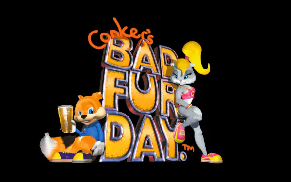 HD desktop wallpaper featuring characters and logo from the video game Conker's Bad Fur Day on a black background.