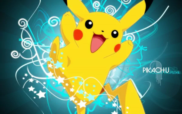 An HD desktop wallpaper featuring Pikachu from Pokémon Yellow: Special Pikachu Edition, with dynamic, colorful swirls and stars in the background.