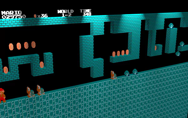 HD PC desktop wallpaper for Super Mario Bros. Deluxe: Mario traverses a teal-hued 2D castle level with coins, Goombas and a retro HUD.