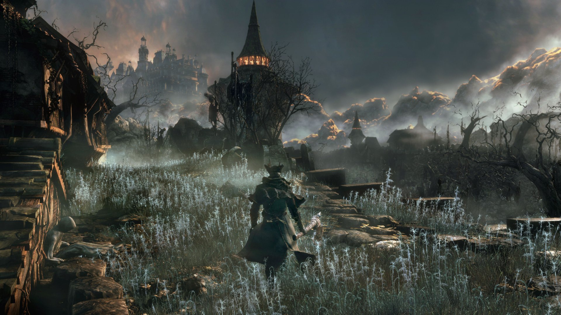 A breathtaking 4K Ultra HD wallpaper from the video game Bloodborne, featuring a lone figure walking through a misty landscape with dark clouds and distant ruins in the background.