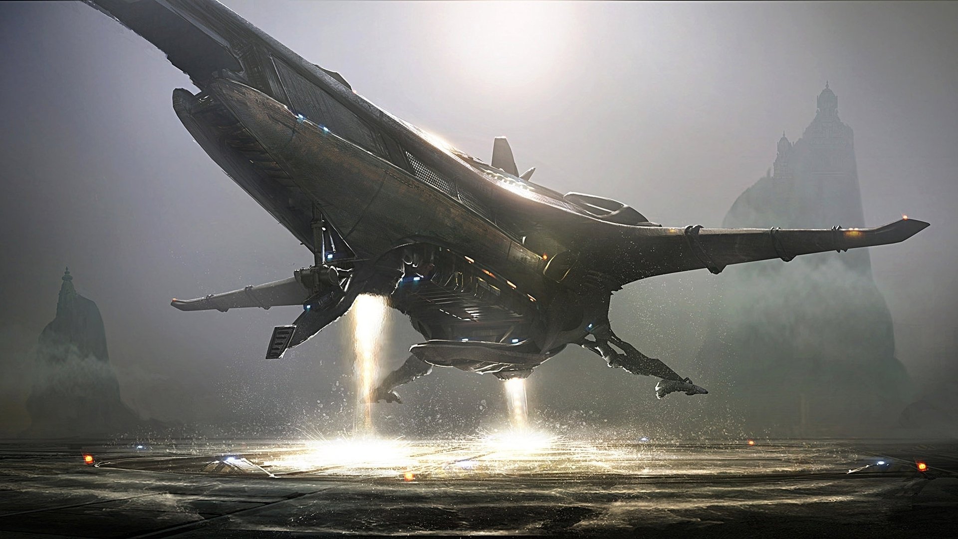 HD PC desktop wallpaper featuring a sleek spaceship from the video game Star Citizen, hovering above a misty, rocky landscape with atmospheric lighting.