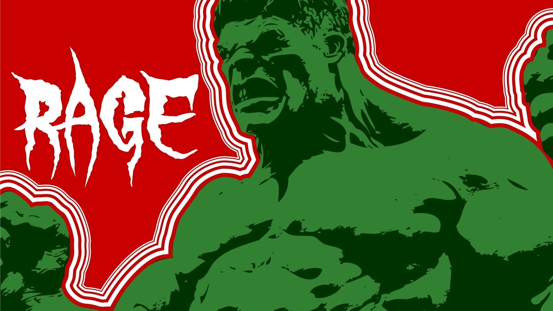 HD PC desktop wallpaper featuring a comic-style Hulk in green with an intense expression, set against a bold red background with the word RAGE.