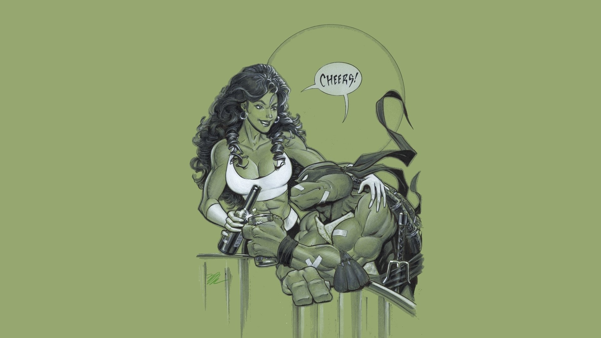 Comic She-Hulk winks and raises a bottle over a lounging armored companion, speech bubble Cheers! on a muted green field — HD PC desktop wallpaper/background.