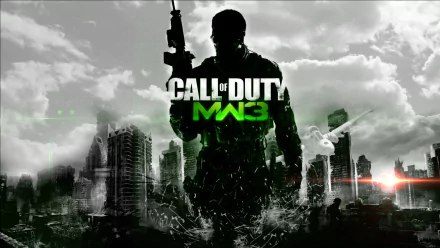 HD desktop wallpaper featuring the cover art of Call of Duty: Modern Warfare 3, showing a soldier with a gun against a dramatic cityscape background.