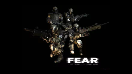 HD PC desktop wallpaper for the video game F.E.A.R.: Perseus Mandate — four armored soldiers in tactical gear aim rifles against a black background, F.E.A.R. logo at the bottom.