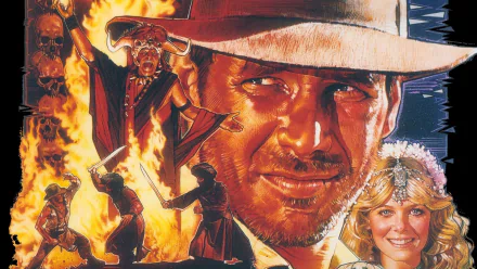 HD PC desktop wallpaper featuring iconic characters and fiery scenes from the video game Indiana Jones and the Temple of Doom.