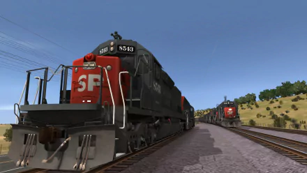 HD PC desktop wallpaper showcasing a detailed red and black SF locomotive from the video game Trainz: Murchison 2 on railway tracks in a rural landscape.