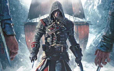 HD desktop wallpaper featuring Shay Cormac from Assassin's Creed: Rogue, in a snowy environment, dressed in assassin's attire.