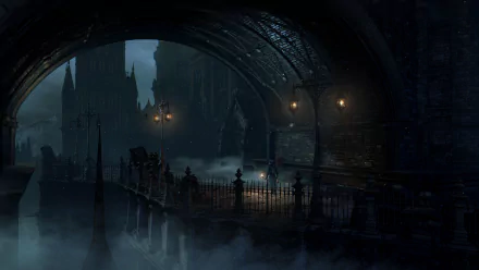 HD desktop wallpaper of the video game Bloodborne, featuring a dark, atmospheric scene with gothic architecture, misty streets, and a lone figure illuminated by lamplight.