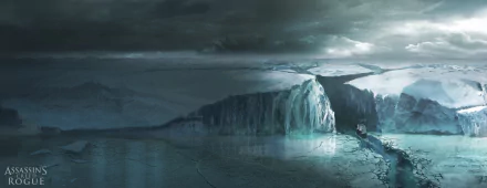 A stunning, 4K Ultra HD wallpaper from Assassin's Creed: Rogue, showcasing a dramatic icy landscape under a moody sky, featuring a cliff and a sailing ship near the frozen waters.