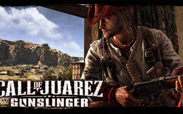 HD PC desktop wallpaper featuring a rugged gunslinger from the video game Call of Juarez: Gunslinger set against a Western desert backdrop.