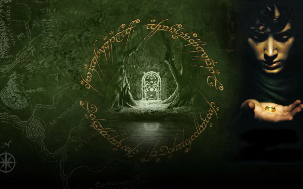 HD PC desktop wallpaper from the movie The Lord of the Rings: The Fellowship of the Ring, featuring the One Ring inscription and a mysterious forest doorway.