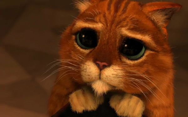 Close-up HD image of Puss in Boots from the movie, showing the cat with large, pleading eyes. This character is set against a simple, blurred background, making it a striking desktop wallpaper.