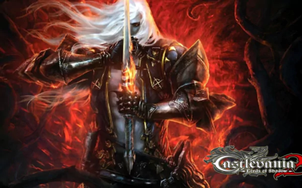 HD PC desktop wallpaper featuring a dark armored warrior with long white hair, holding a glowing sword amid fiery red and black tones from the video game Castlevania: Lords of Shadow 2.