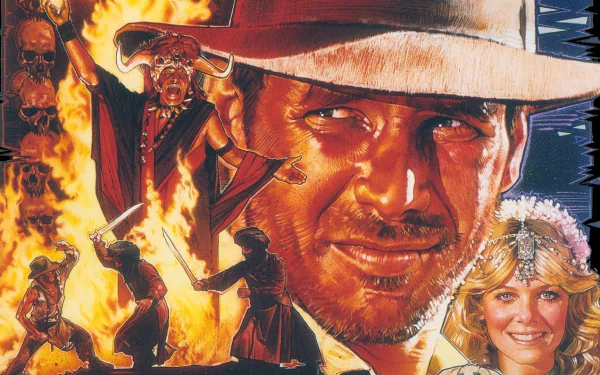 HD PC desktop wallpaper featuring iconic characters and fiery scenes from the video game Indiana Jones and the Temple of Doom.