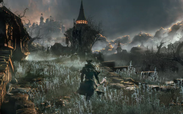 A breathtaking 4K Ultra HD wallpaper from the video game Bloodborne, featuring a lone figure walking through a misty landscape with dark clouds and distant ruins in the background.
