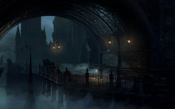 HD desktop wallpaper of the video game Bloodborne, featuring a dark, atmospheric scene with gothic architecture, misty streets, and a lone figure illuminated by lamplight.