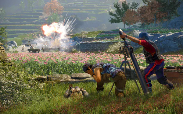 HD PC desktop wallpaper from Far Cry 4 video game showing two characters launching explosives in a vibrant, mountainous landscape filled with flowers and terraces.