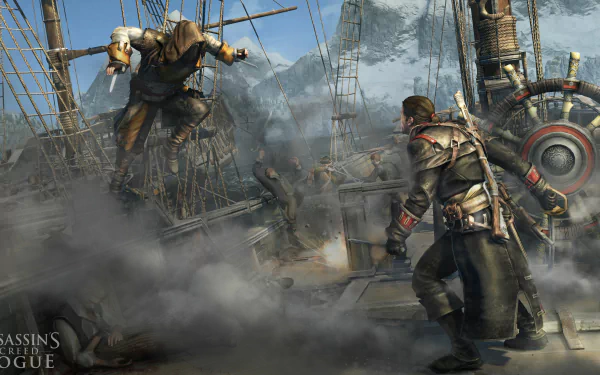 A dynamic scene from Assassin's Creed: Rogue, featuring intense action on a ship with characters engaged in combat amidst swirling smoke, set in stunning 4K Ultra HD.