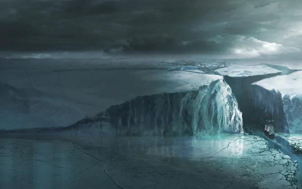 A stunning, 4K Ultra HD wallpaper from Assassin's Creed: Rogue, showcasing a dramatic icy landscape under a moody sky, featuring a cliff and a sailing ship near the frozen waters.