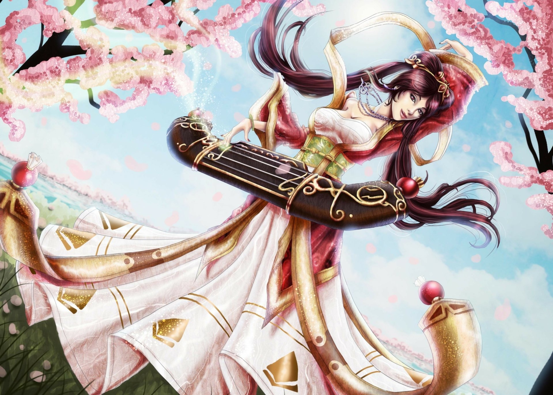 HD desktop wallpaper featuring Sona from the video game League of Legends, surrounded by cherry blossoms and playing her elegant stringed instrument.