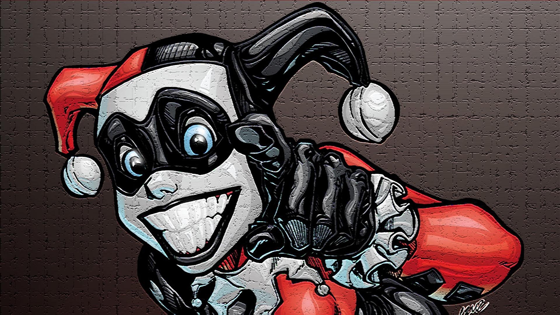 Comic-style HD PC desktop wallpaper featuring a dynamic, smiling Harley Quinn in her classic red, black, and white jester costume pointing forward.