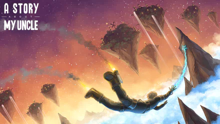 HD PC desktop wallpaper from the video game A Story About My Uncle, featuring a character swinging through a vibrant sky with floating islands at sunset.