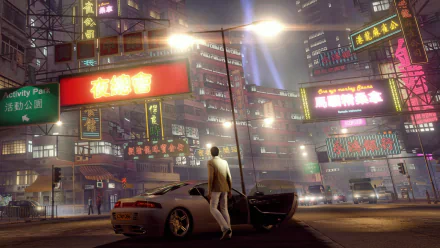 HD PC desktop wallpaper/background from the video game Sleeping Dogs: a man beside a sports car on a neon-lit Hong Kong street at night, signs and skyscrapers glowing over wet pavement.