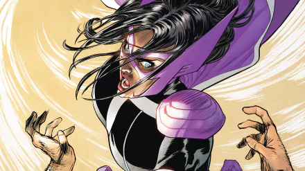 HD PC desktop wallpaper featuring a dynamic comic-style hunter character with flowing black hair and purple armor in an action pose.