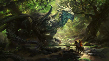 A majestic dragon looms in a vibrant, mystical forest, as a lone rider approaches on horseback, creating a captivating fantasy scene. This HD wallpaper enhances any desktop background.