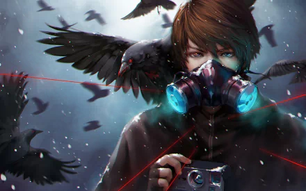 HD desktop wallpaper featuring an anime boy with brown hair and blue eyes, wearing a gas mask and holding a camera, surrounded by crows under a laser-lit sky.