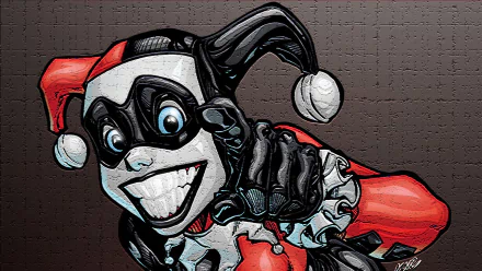 Comic-style HD PC desktop wallpaper featuring a dynamic, smiling Harley Quinn in her classic red, black, and white jester costume pointing forward.
