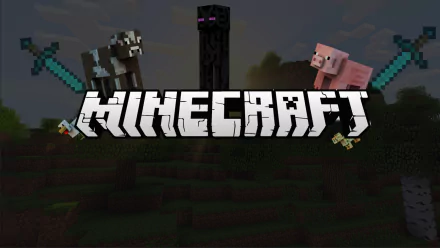 HD Minecraft wallpaper featuring the game's logo with a cow, pig, and Enderman holding tools, set in a virtual landscape.