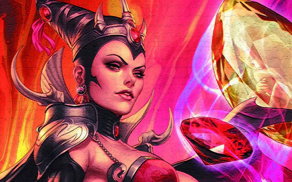 Comic Grimm Fairy Tales sorceress with horned crown, dark armor and glowing red gems amid pink and gold energy — HD PC desktop wallpaper/background.