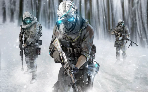 HD PC desktop wallpaper featuring armed soldiers in tactical gear from the video game Tom Clancy's Ghost Recon Phantoms in a foggy, snowy forest setting.