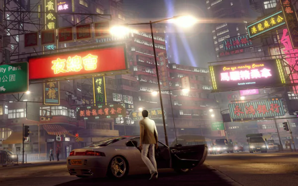 HD PC desktop wallpaper/background from the video game Sleeping Dogs: a man beside a sports car on a neon-lit Hong Kong street at night, signs and skyscrapers glowing over wet pavement.
