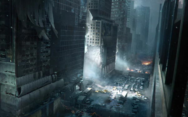 Tom Clancy's The Division video game 5K Ultra HD PC desktop wallpaper: desolate, snow-dusted Manhattan street canyon with ruined skyscrapers, abandoned cars, smoke and distant fires.