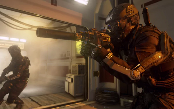 A dynamic HD wallpaper from Call of Duty: Advanced Warfare, featuring a soldier in futuristic armor aiming a weapon, set against a misty, high-tech background.