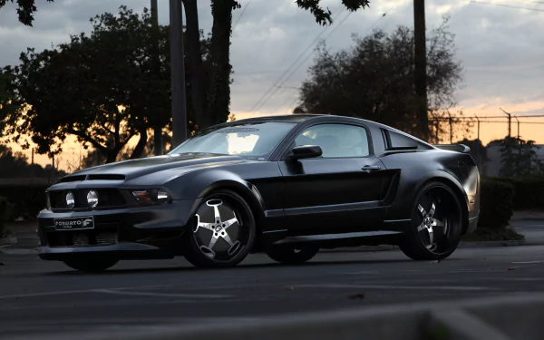 A sleek black Ford Mustang Shelby parked outdoors at dusk, captured in high definition as a PC desktop wallpaper and background.