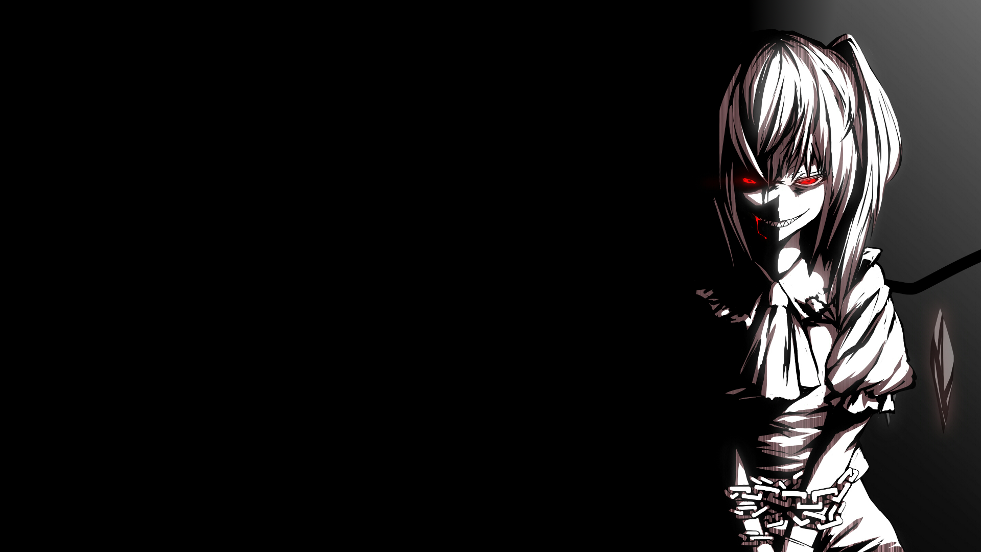 Dark anime HD desktop wallpaper featuring Flandre Scarlet from Touhou, with intense red eyes and a shadowy, ominous atmosphere.