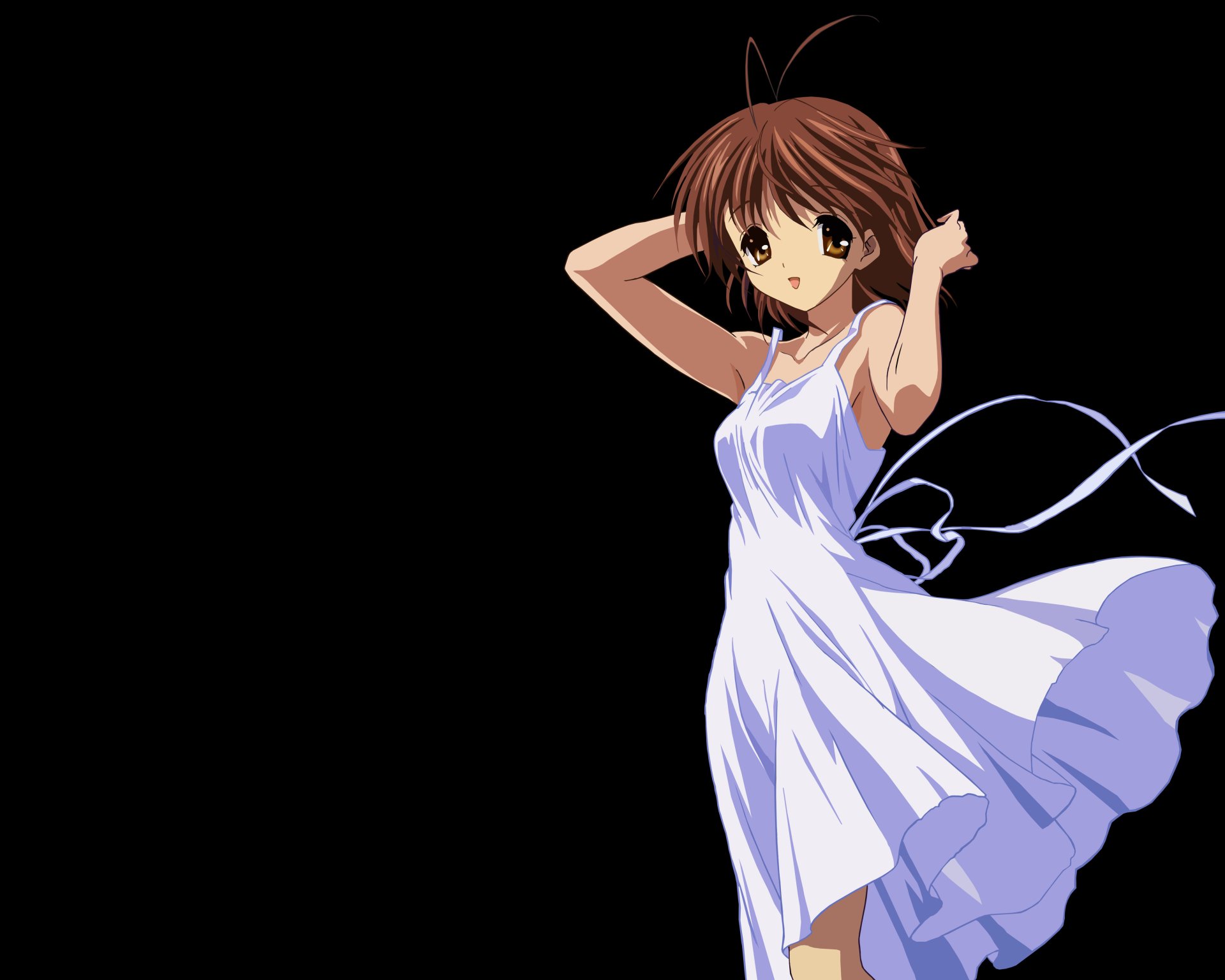Nagisa Furukawa from the anime Clannad in a flowing white dress on a black background, presented as a 4K Ultra HD PC desktop wallpaper.