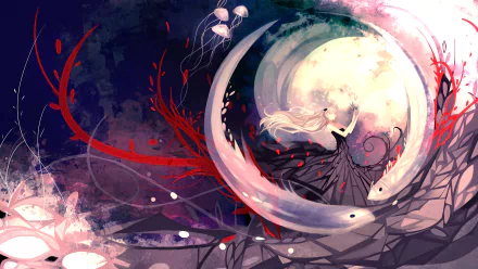 An artistic HD painting featuring a dreamlike scene with a figure in a flowing dress surrounded by swirling shapes and vibrant colors, designed as a desktop wallpaper and background.