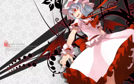 HD PC desktop wallpaper of Remilia Scarlet (Touhou) — anime-style pale vampire girl in pink frilled dress and red bow, spreading black-and-red wings over a decorative background.