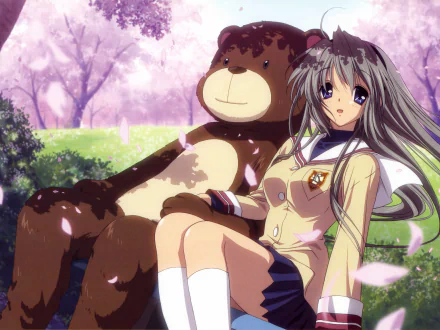 HD desktop wallpaper featuring Tomoyo Sakagami from Clannad, sitting with a large plush bear under cherry blossoms.